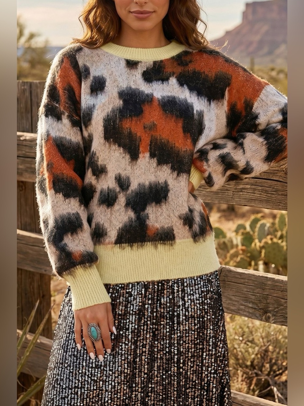 Leopard Print Drop Shoulder Long Sleeve Round Neck Sweater